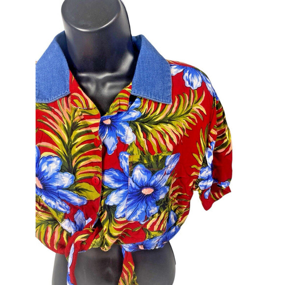 Hawaiian Crop Top Tie Front Button Tropical Cruise Beach M Red Boho Vintage - Picture 4 of 11